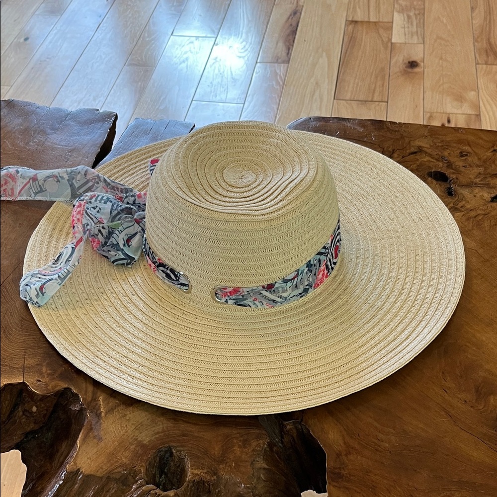 Freestyle Tan Sun Hat with Floral Ribbon